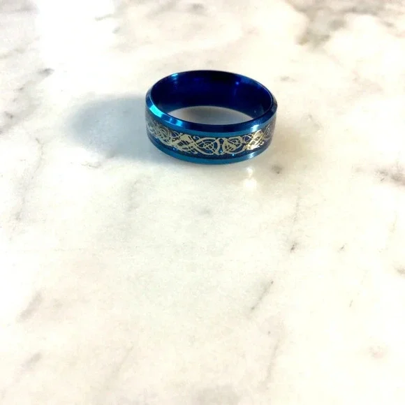 Stainless Steel Blue Dragon Band Ring - Picture 2 of 3